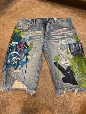 Heritage Blue Denim Shorts with Multicolor Paint-Splatter
